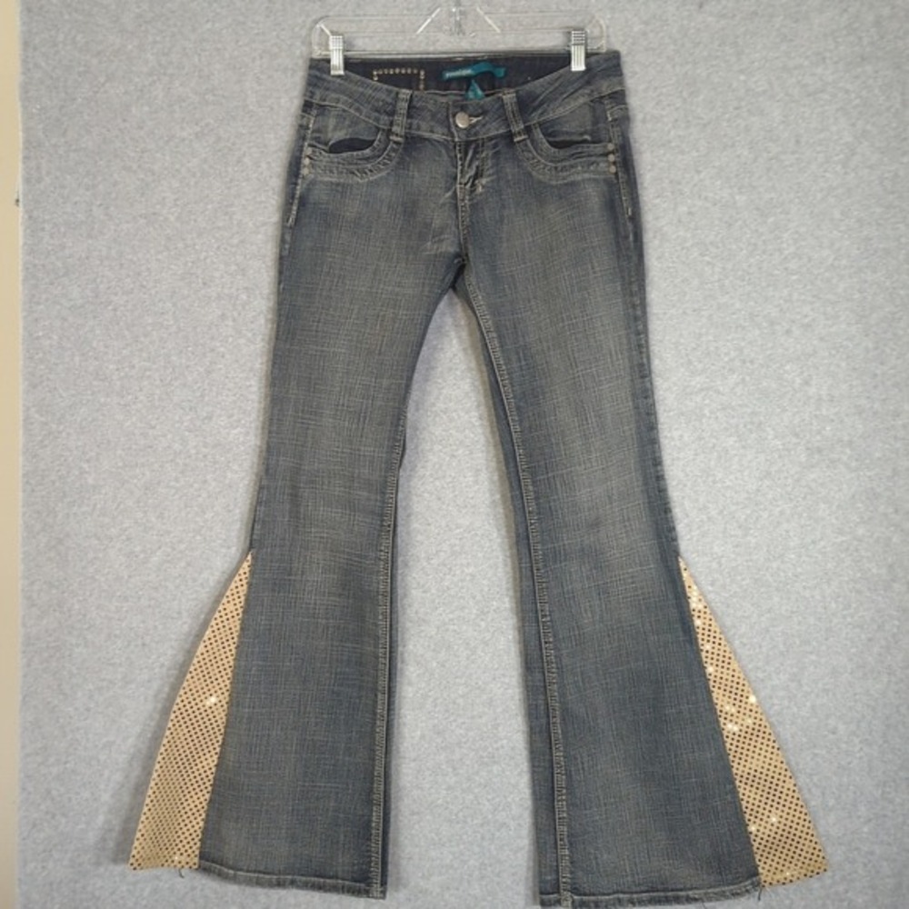 Vintage Younique Blue Jeans Women's 9 Sequins Inlay Super Flared Y2K Retro Disco